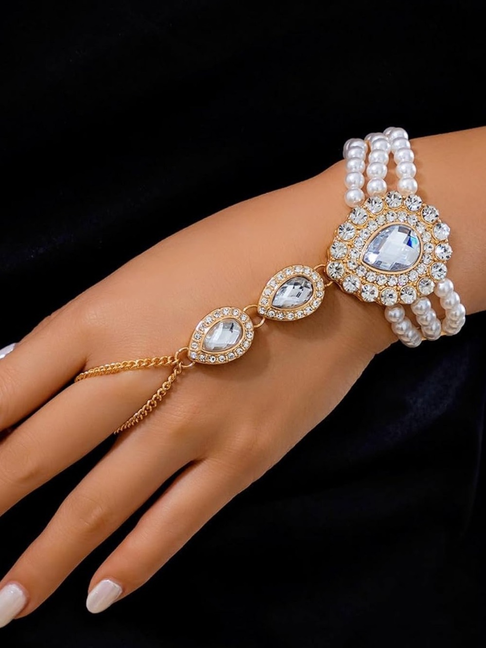 Anthropologie Gold Pearl and Crystal Teardrop Hand Bracelet
